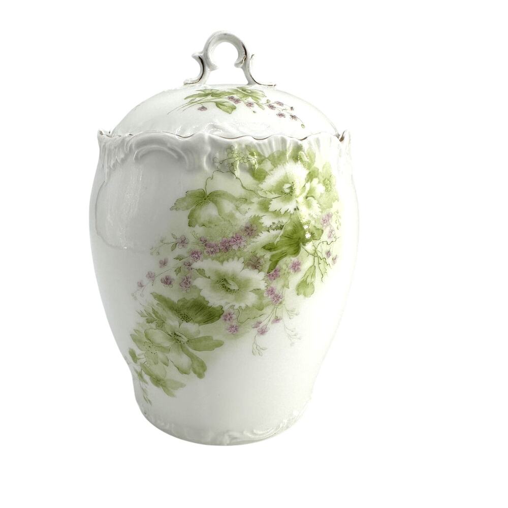 Antique Bavarian Porcelain Biscuit Jar Germany Floral Scalloped Lidded humidor